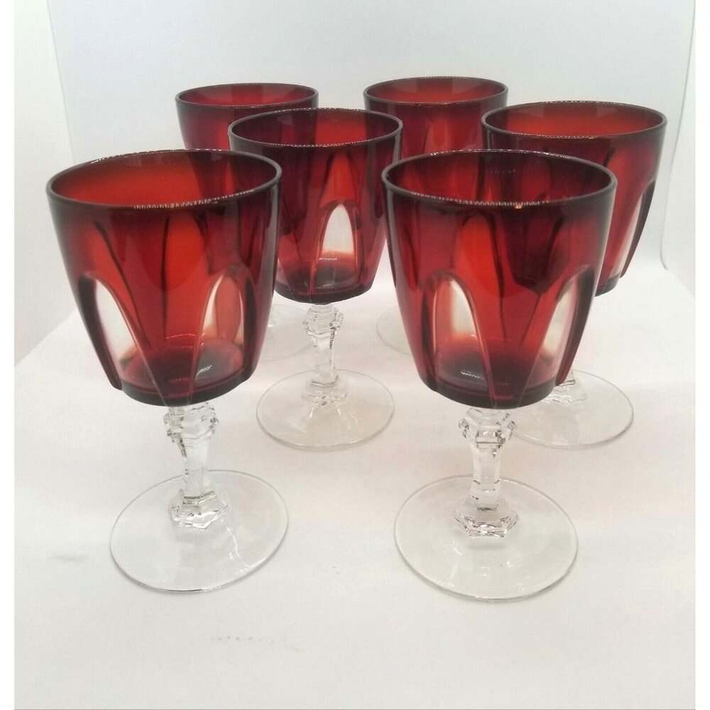 Gothic CRISTAL D'ARQUES-DURAND France Wine Water Goblet Ruby Clear Set of 6